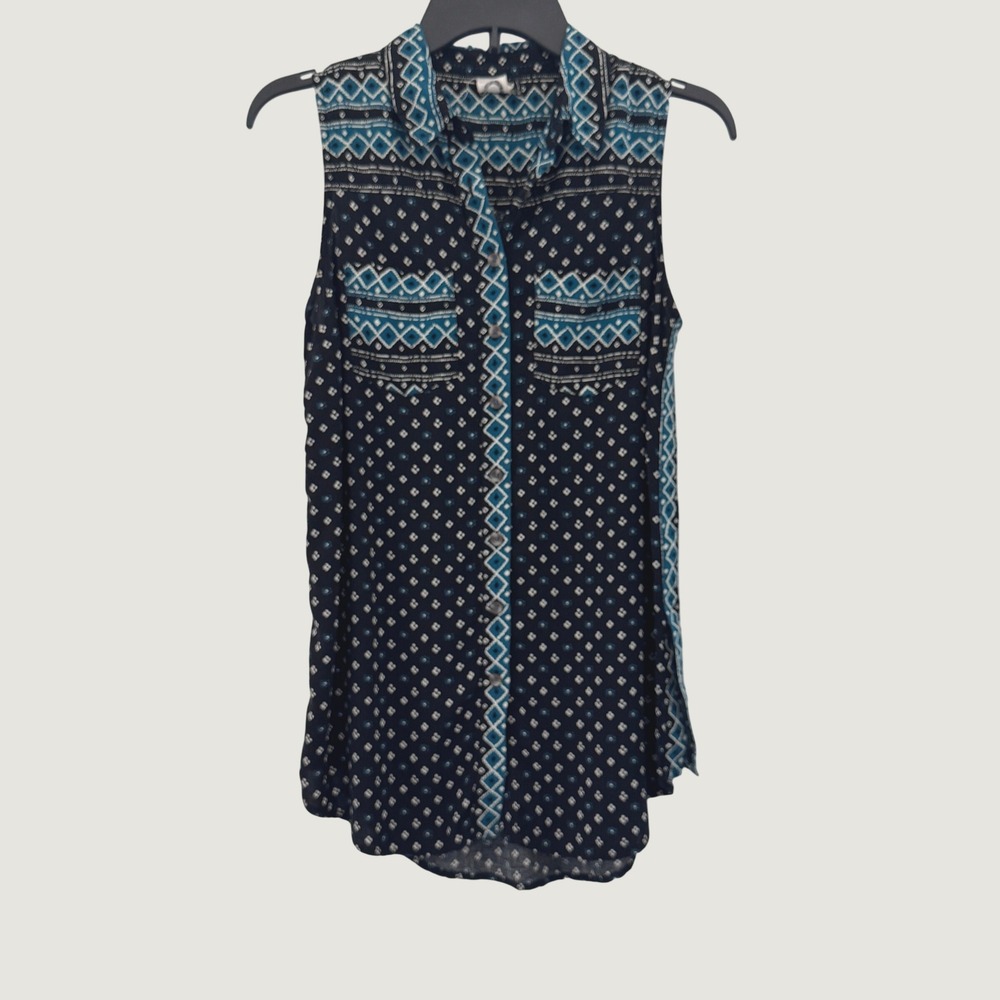 Akemi + Kin‎ Anthropologie Sleeveless Top XS Navy Teal Geometric Button Down